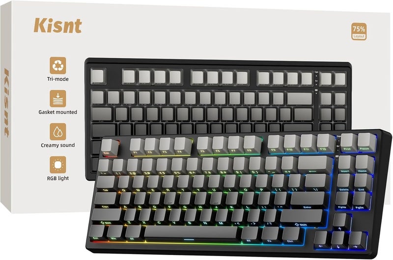 Kisnt Wireless Mechanical Keyboard,Gasket Mounted Creamy Sound,Bluetooth/2.4GHz/USB-C,Side Printed PBT Keycaps with RGB Backlit, Hot Swappable,75% Compact Layout for Gaming/Typing/Win/Mac/PC(Gradient Gray) - Image 1